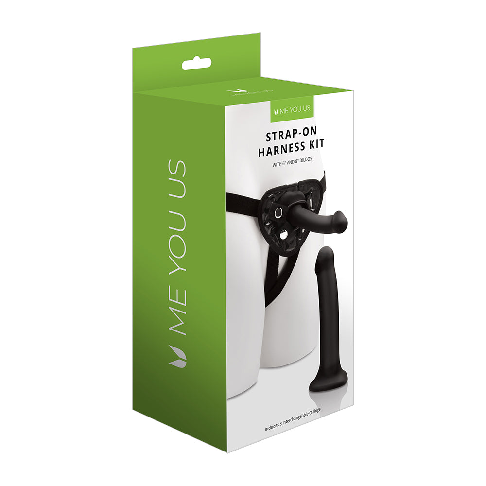 Me You Us Strap-On Harness Kit with two lifelike silicone dildos in 6-inch and 8-inch sizes on a clean white background