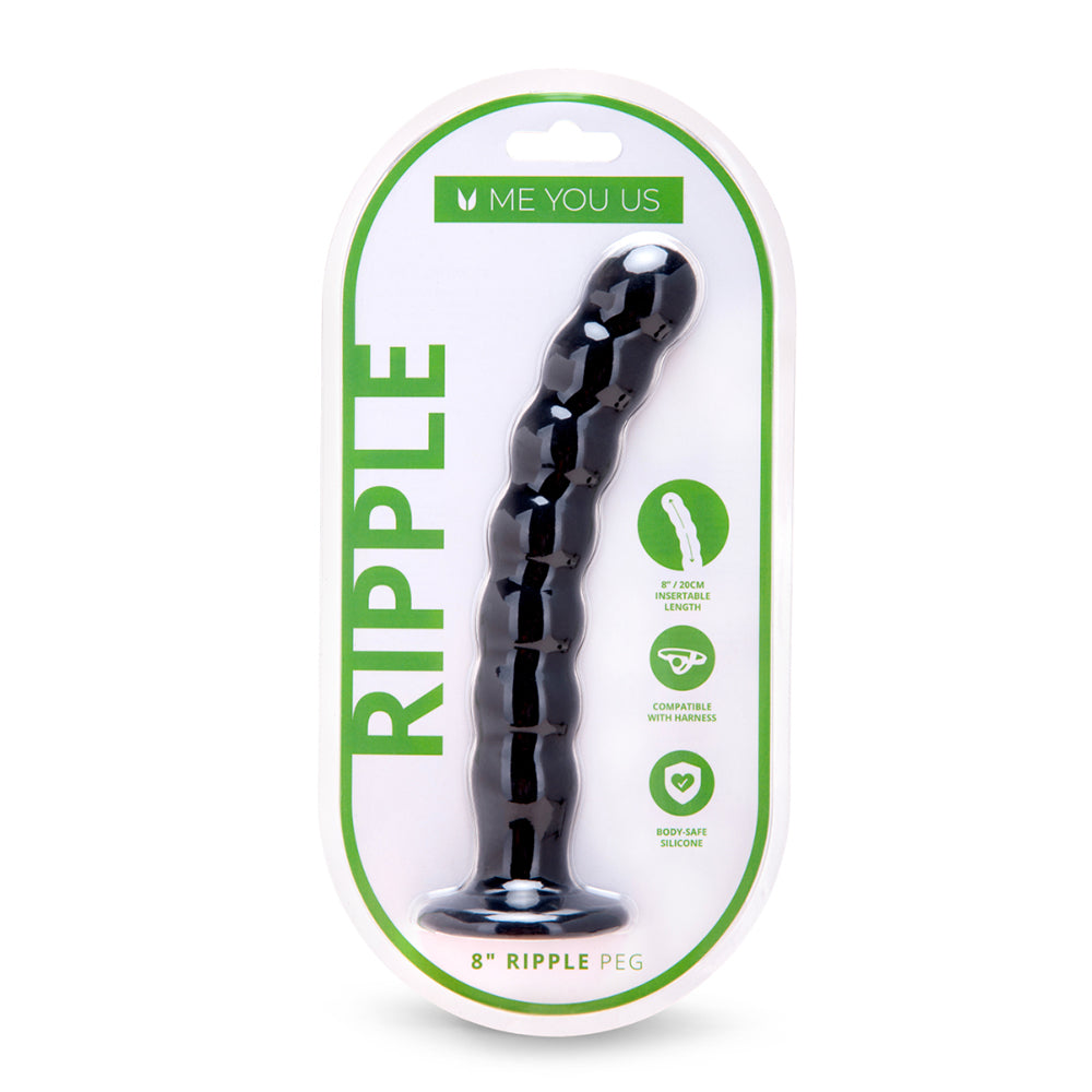 Me You Us 8 in. Ripple G-Spot Peg silicone toy with wave-like shaft and flared base on white background.