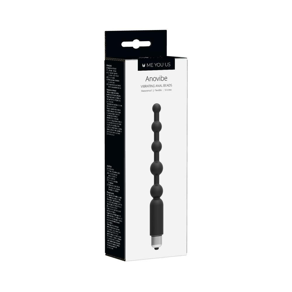 Me You Us Anovibe Vibrating Anal Beads with smooth graduated beads and retrieval loop displayed on a clean surface