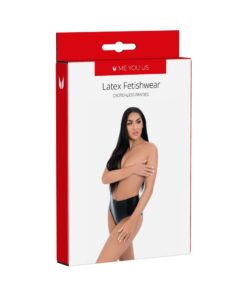 Glossy black latex crotchless panties by Me You Us in size medium