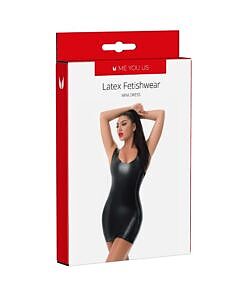 Me You Us Latex Mini Dress Large glossy black latex mini dress on a curved mannequin