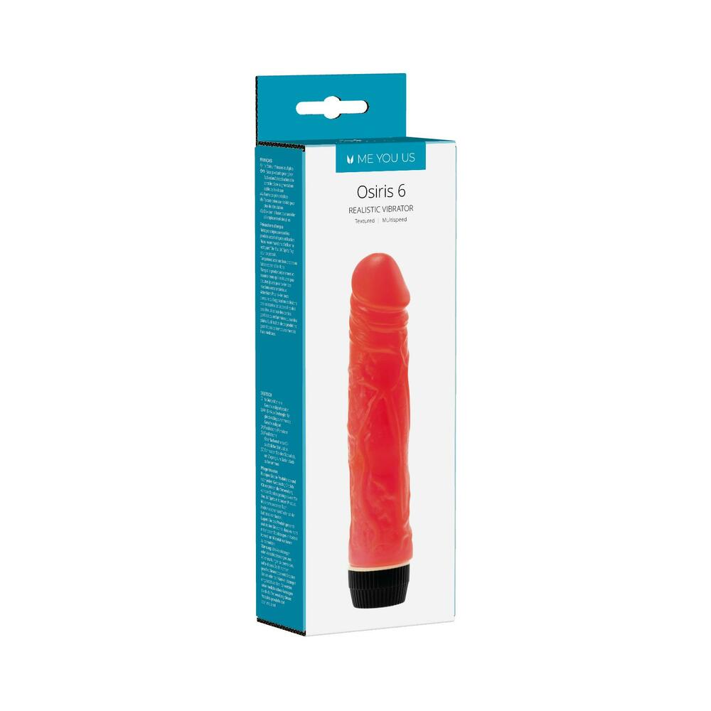 Me You Us Osiris 6 Realistic Vibrator Pink lying on a soft pink satin sheet
