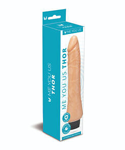 Me You Us Thor 11 Realistic Vibrator showing lifelike veins and curved shaft against a soft grey background.