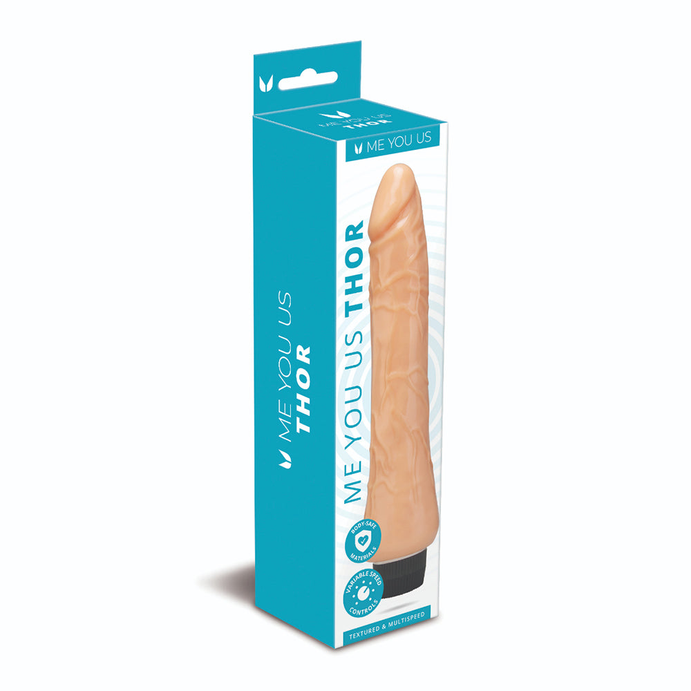 Me You Us Thor 11 Realistic Vibrator showing lifelike veins and curved shaft against a soft grey background.