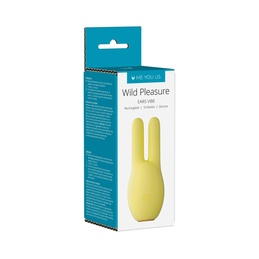 Wild Pleasure Ears rabbit vibrator with pink silicone ears and curved shaft on white background