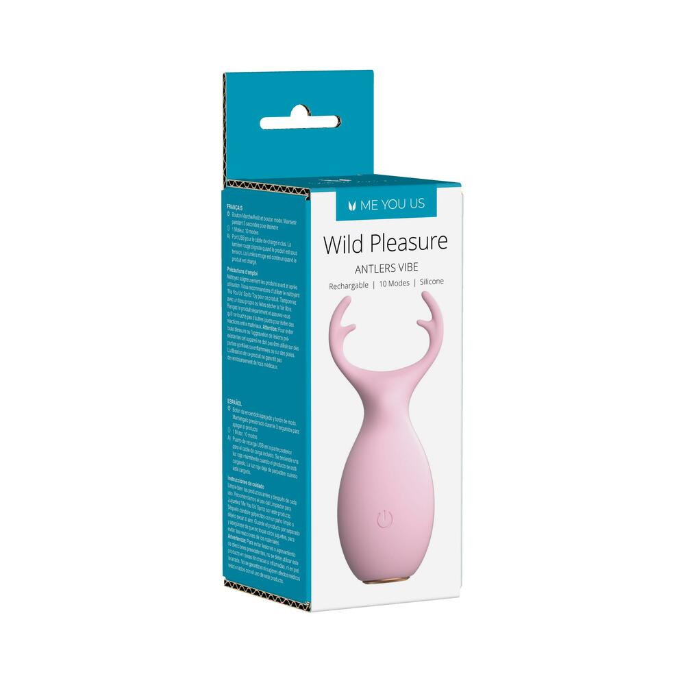 Me You Us Wild Pleasure Antlers vibrator in bold pink with dual curved antler tips on a white background.