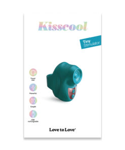 Love to Love Kisscool Teal Me finger vibrator resting on a nightstand
