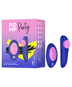 ROMP Party Purple remote panty vibrator in deep purple silicone with magnetic clip and wireless remote on a clean white surface