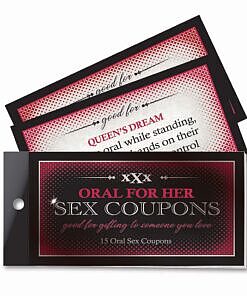Little Genie Oral Adventures For Her Sex Coupons booklet with 15 playful vouchers on a bedside table