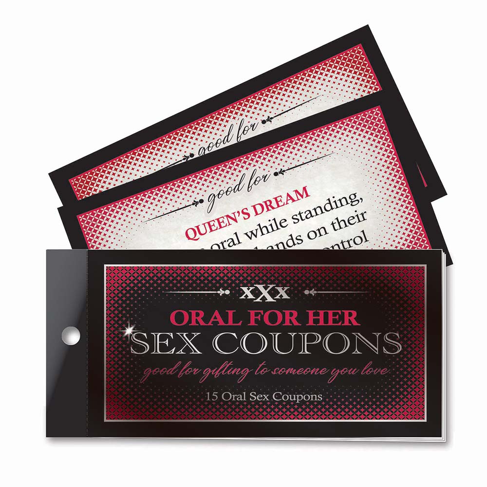 Little Genie Oral Adventures For Her Sex Coupons booklet with 15 playful vouchers on a bedside table