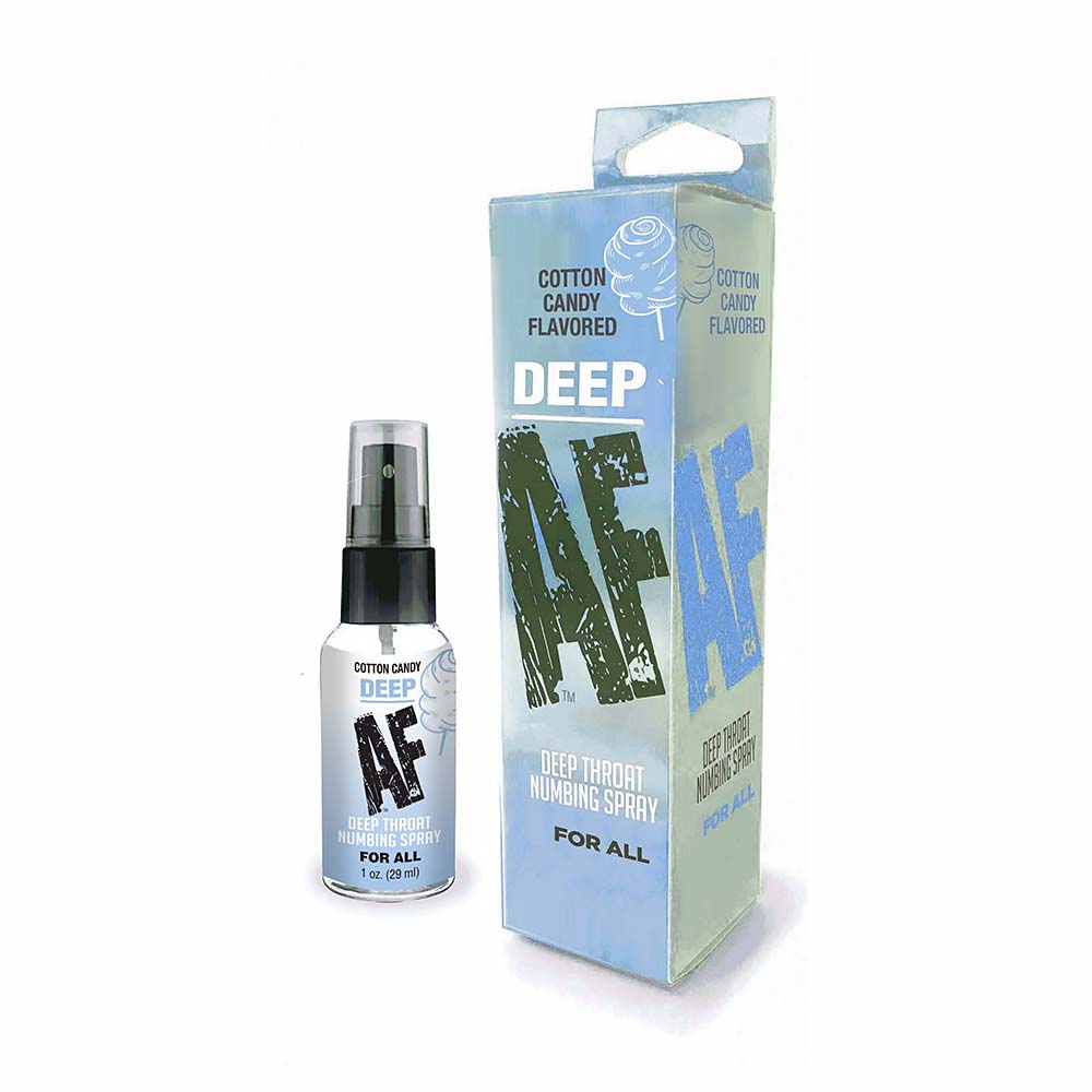 Deep AF Numbing Deep Throat Spray cotton candy flavor 1 oz bottle on white background with fine mist sprayer detail.