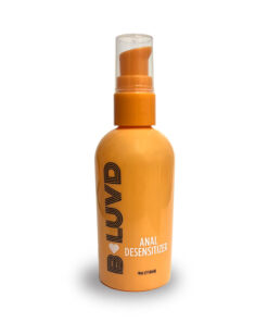 B-Luvd Anal Desensitizing Lube 4 oz. bottle with pump top on a clean white bathroom counter