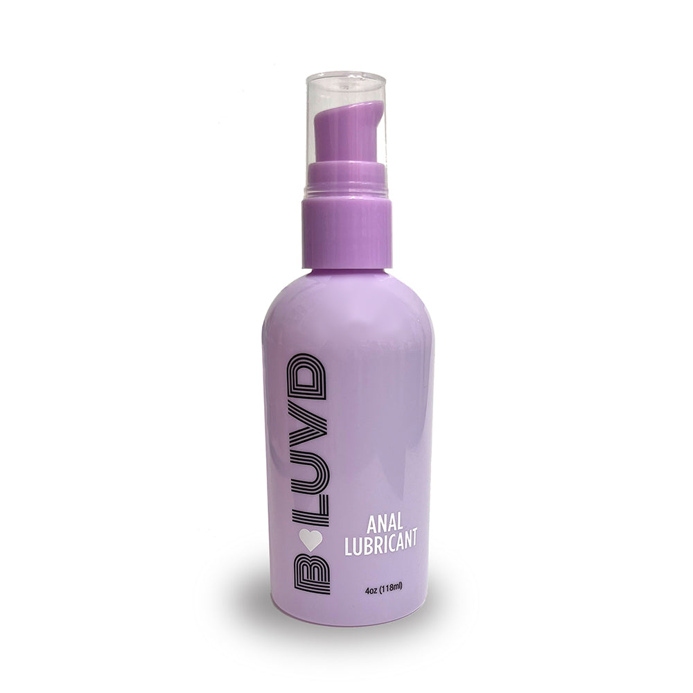 B-Luvd Anal Lube 4 oz water-based gel bottle with smooth silky stay-put gel on neutral background