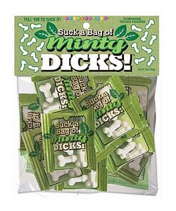 Little Genie minty dicks candy bag with 25 mini-pouches of penis-shaped mint candies in bold cheeky packaging
