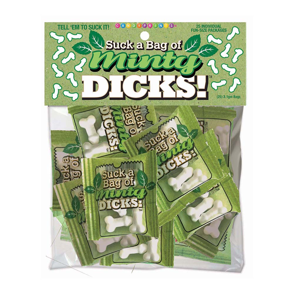 Little Genie minty dicks candy bag with 25 mini-pouches of penis-shaped mint candies in bold cheeky packaging