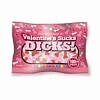 Valentine's Sucks Dicks 3 oz. Bag showing bright red and green penis-shaped gummies piled next to the package with a snarky tagline.