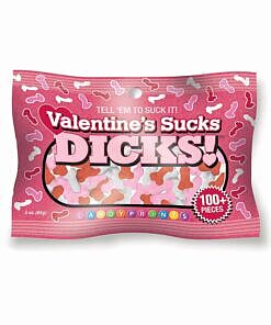 Valentine's Sucks Dicks 3 oz. Bag showing bright red and green penis-shaped gummies piled next to the package with a snarky tagline.