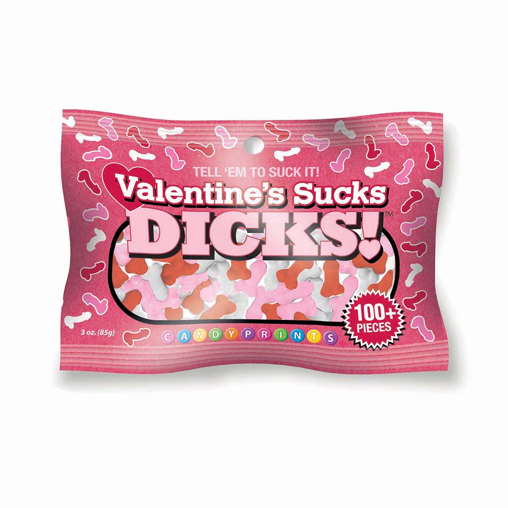 Valentine's Sucks Dicks 3 oz. Bag showing bright red and green penis-shaped gummies piled next to the package with a snarky tagline.