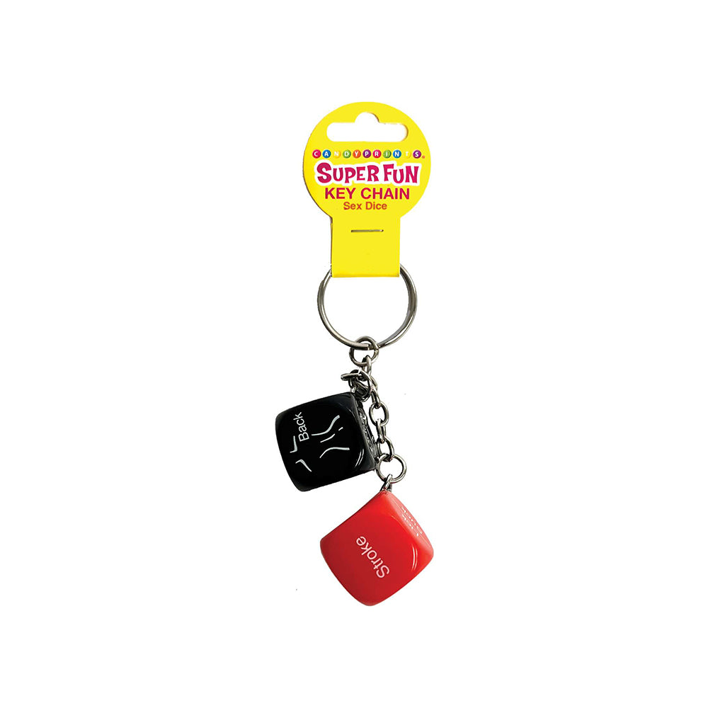 Super Fun Key Chain Sex Dice attached to keyring with two white dice showing red text prompts