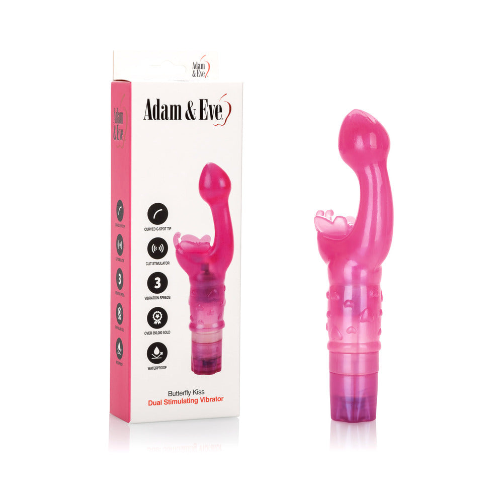 Adam & Eve Butterfly Kiss vibrator with soft silicone wings and delicate antennae on a white background