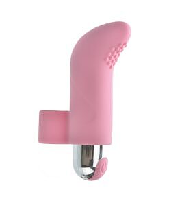 pink silicone sleeve with curved tip lying on a satin sheet.