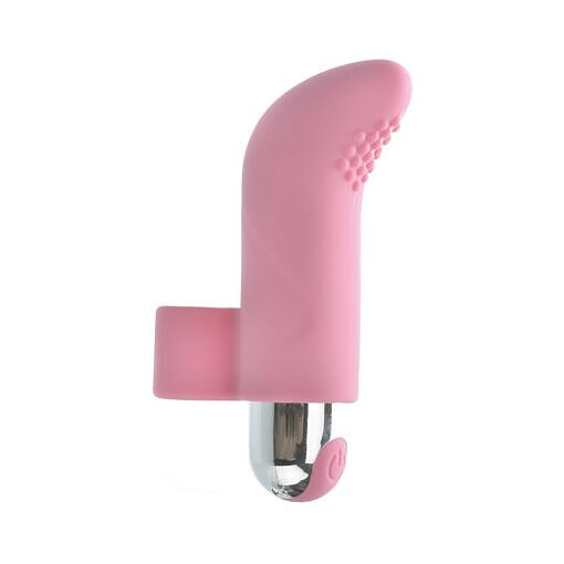 pink silicone sleeve with curved tip lying on a satin sheet.