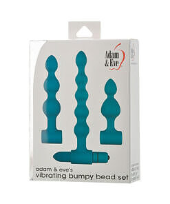 Adam & Eve Vibrating Bumpy Bead Set featuring three purple silicone anal plugs with bumpy beads