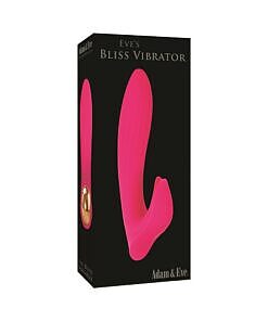 Eve's Bliss Vibrator in pink silicone with curved dual-stimulation tip on satin sheet
