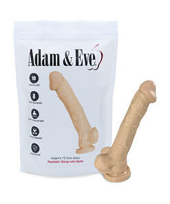 Lifelike Adam's Cock 10 in. Dildo in flesh tone with detailed veins and discreet bag packaging on a soft background.