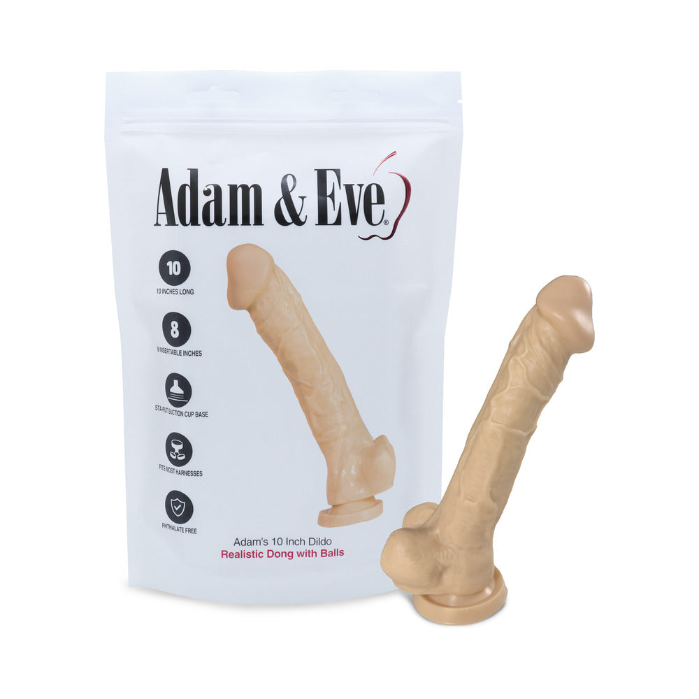 Lifelike Adam's Cock 10 in. Dildo in flesh tone with detailed veins and discreet bag packaging on a soft background.
