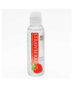 Adam & Eve Flavored Lubricant Strawberry 4 oz. bottle with vibrant strawberry illustration and red liquid