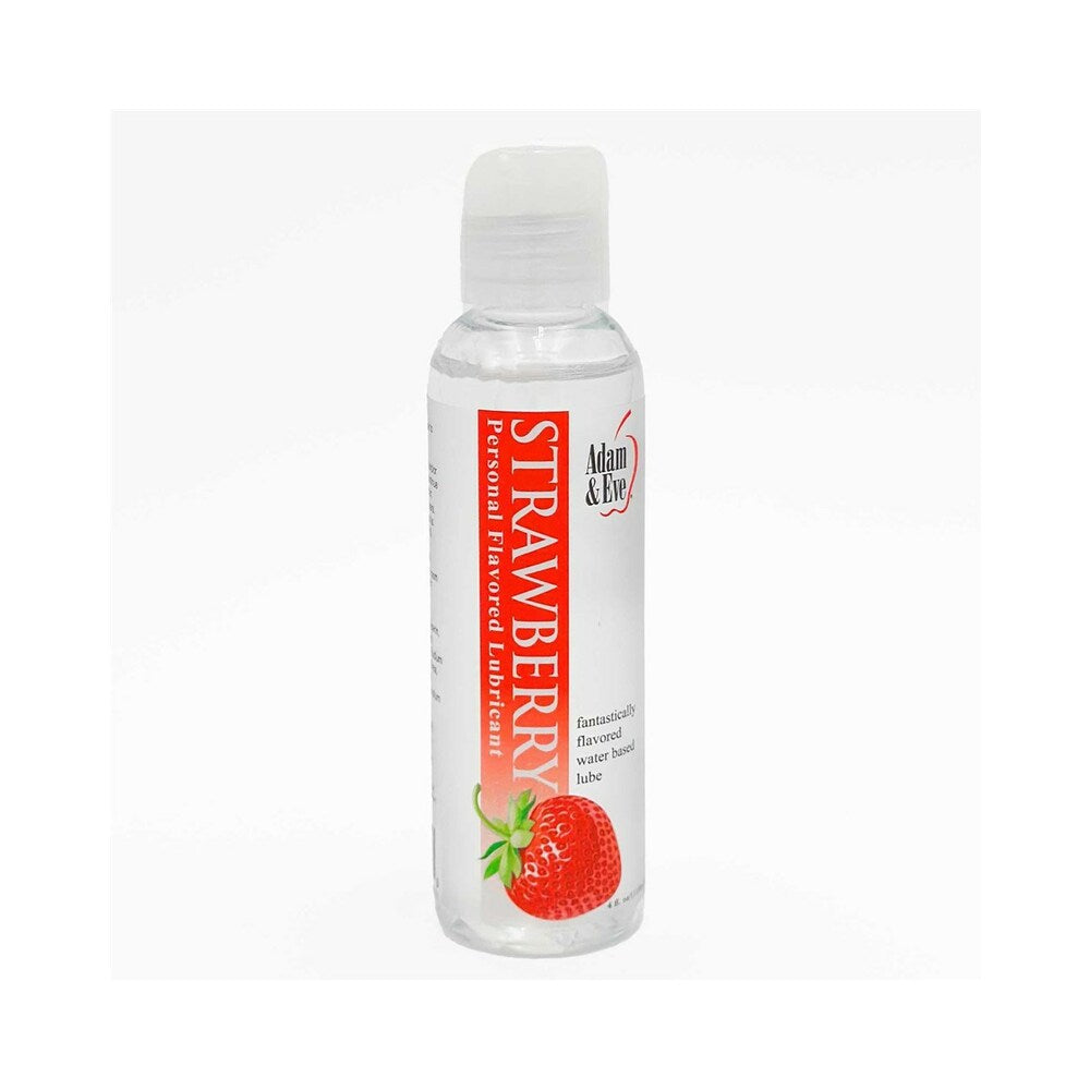 Adam & Eve Flavored Lubricant Strawberry 4 oz. bottle with vibrant strawberry illustration and red liquid