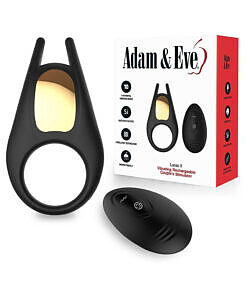 Close-up of the Adam & Eve Lucas II vibrating couples stimulator with ear-shaped ticklers on a satin background.