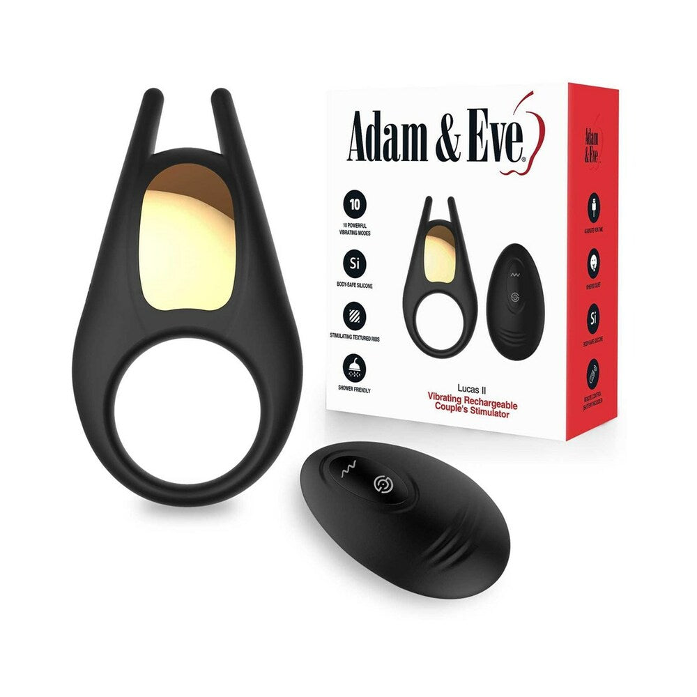 Close-up of the Adam & Eve Lucas II vibrating couples stimulator with ear-shaped ticklers on a satin background.