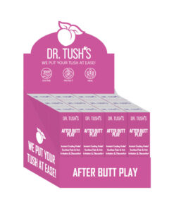 Dr. Tush's After Butt Play Pink Box 12-Pack single-use aftercare gel packs displayed on a soft pink background.