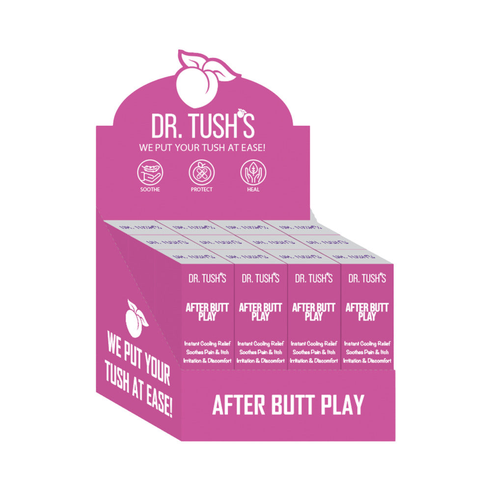 Dr. Tush's After Butt Play Pink Box 12-Pack single-use aftercare gel packs displayed on a soft pink background.