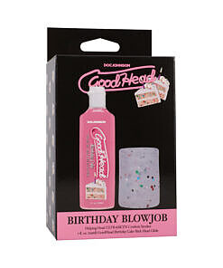 GoodHead Birthday Blowjob Kit stroker with soft translucent sleeve and internal massage beads on a festive party background