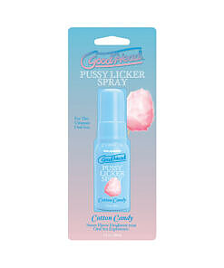 Close-up of GoodHead Pussy Licker Spray bottle with pastel pink cotton candy design and fine mist spray