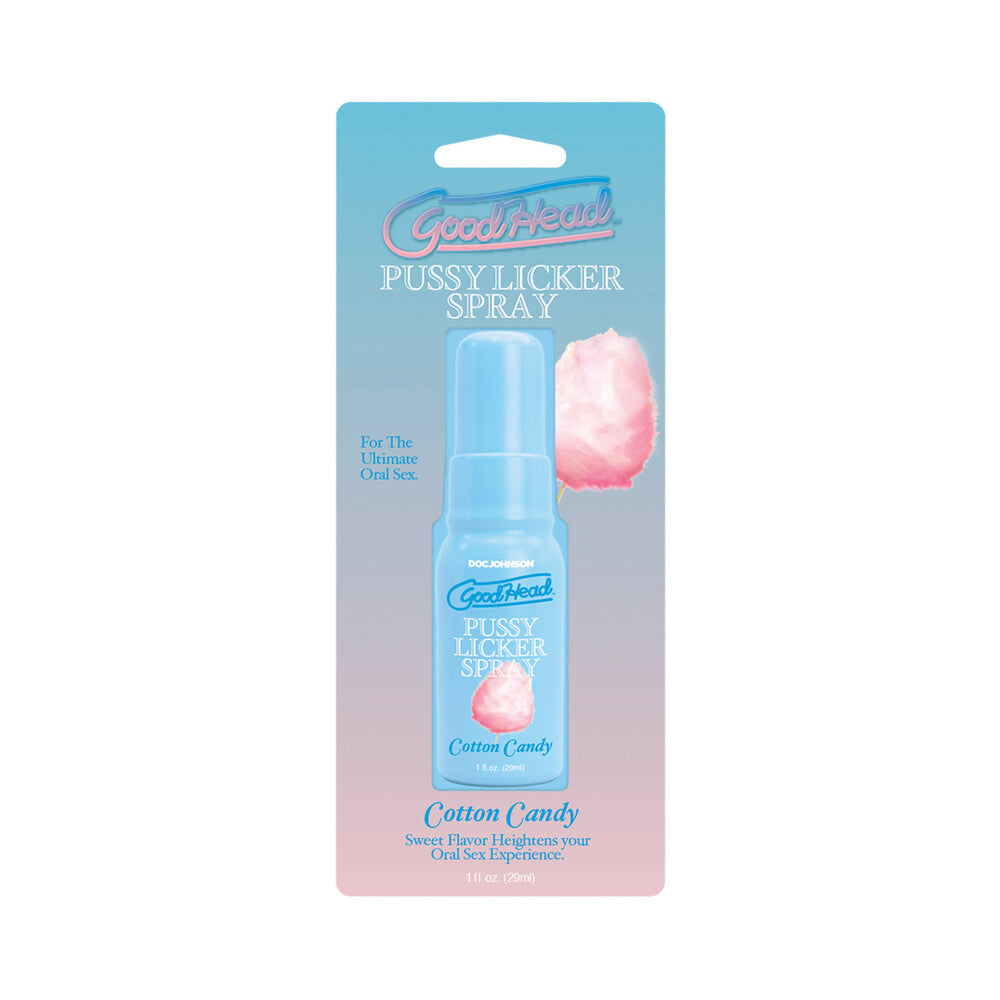 Close-up of GoodHead Pussy Licker Spray bottle with pastel pink cotton candy design and fine mist spray