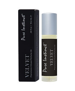 Pure Instinct Pheromone Perfume Oil 0.34 oz velvet roll-on bottle against a dark backdrop.