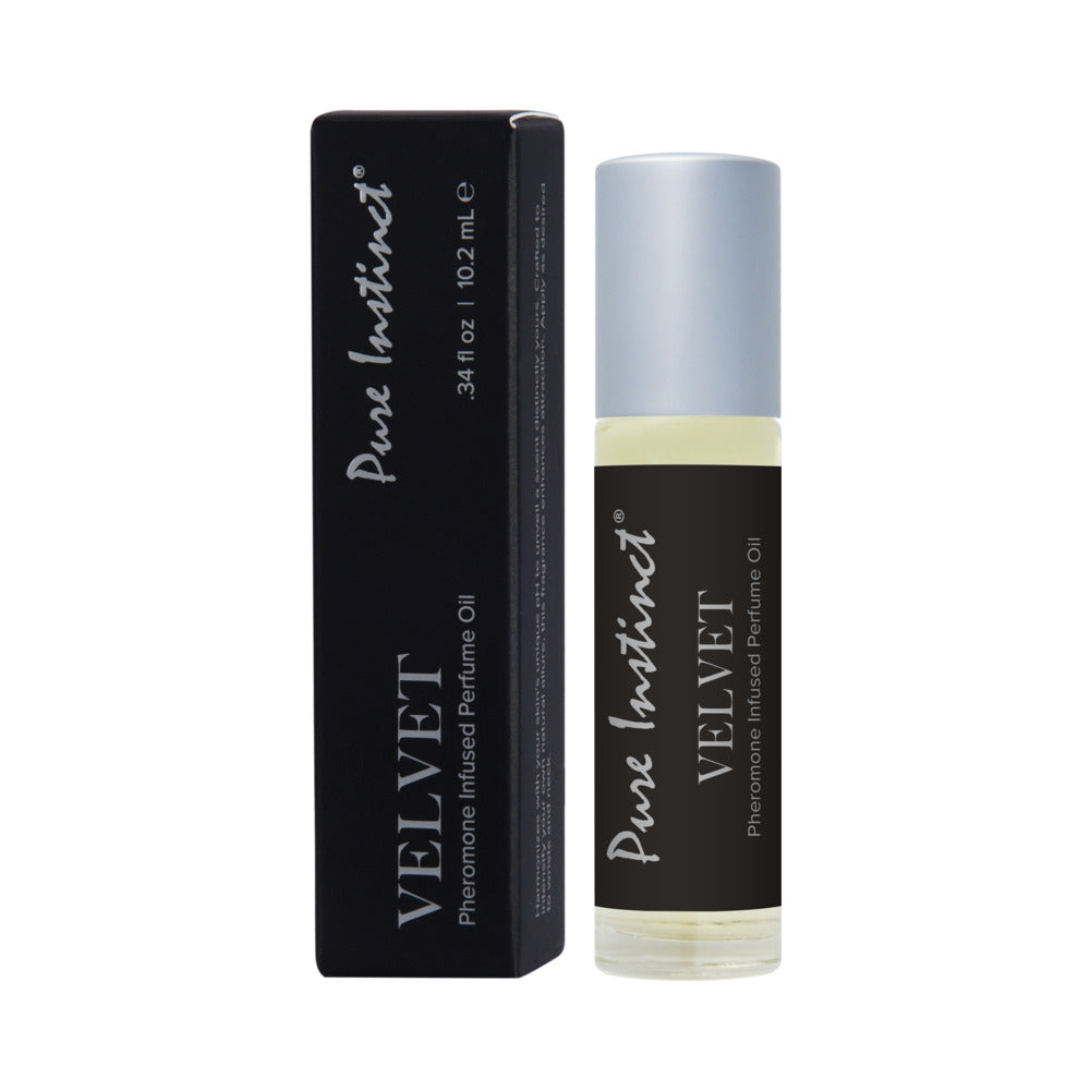 Pure Instinct Pheromone Perfume Oil 0.34 oz velvet roll-on bottle against a dark backdrop.