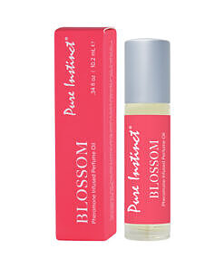 Pure Instinct Pheromone Perfume Oil Blossom Roll-On 0.34 oz glass bottle with floral label and silver cap.