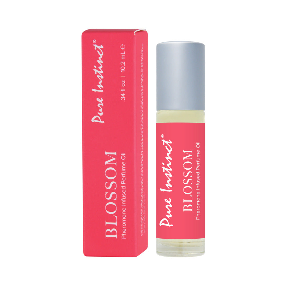 Pure Instinct Pheromone Perfume Oil Blossom Roll-On 0.34 oz glass bottle with floral label and silver cap.
