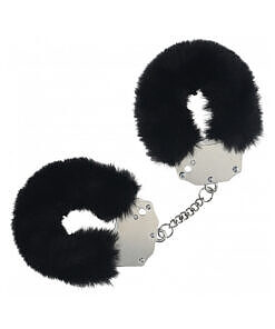 Heavy duty fluffy handcuffs in black with soft acrylic fiber fur and steel lock.