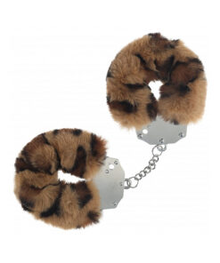 Ouch! Heavy-Duty Fluffy Handcuffs in leopard print on a neutral backdrop