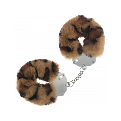 Ouch! Heavy-Duty Fluffy Handcuffs in leopard print on a neutral backdrop