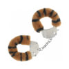 Ouch! Heavy-Duty Fluffy Handcuffs Tiger with plush tiger-stripe fabric and metal chain against a dark satin sheet background