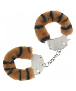 Ouch! Heavy-Duty Fluffy Handcuffs Tiger with plush tiger-stripe fabric and metal chain against a dark satin sheet background