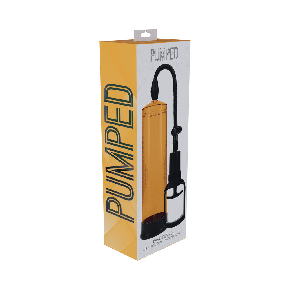 Pumped Basic Pump 2 orange water resistant penis pump with splashproof ABS and silicone design for shower use