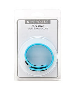 Me You Us Light Blue Silicone Cock Strap laid on a white surface